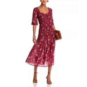Sea New York Famke Floral Heart Neck Smocked Midi Dress Magenta Size 0